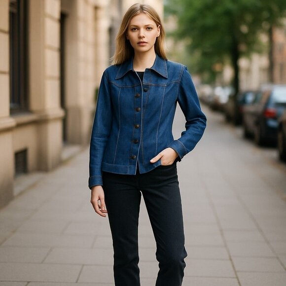 Vintage DenimWorks Womens Blue Denim Button-Up Jacket With Wide Collar & Contras - Picture 11 of 12